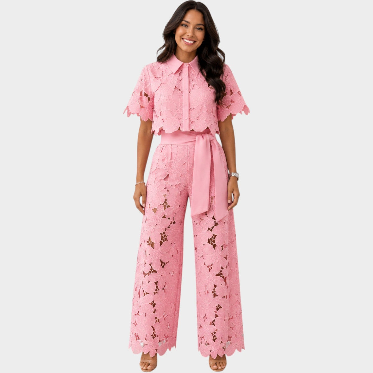 Woman wearing a floral lace two piece set with cropped collared shirt and tie-waist wide leg pants - view 4
