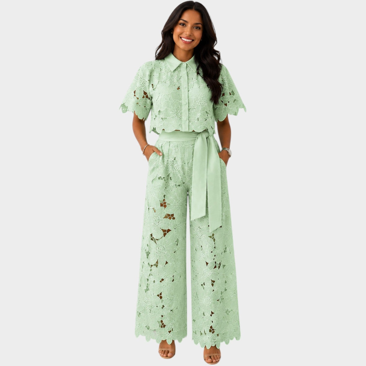Woman wearing a floral lace two piece set with cropped collared shirt and tie-waist wide leg pants - view 5