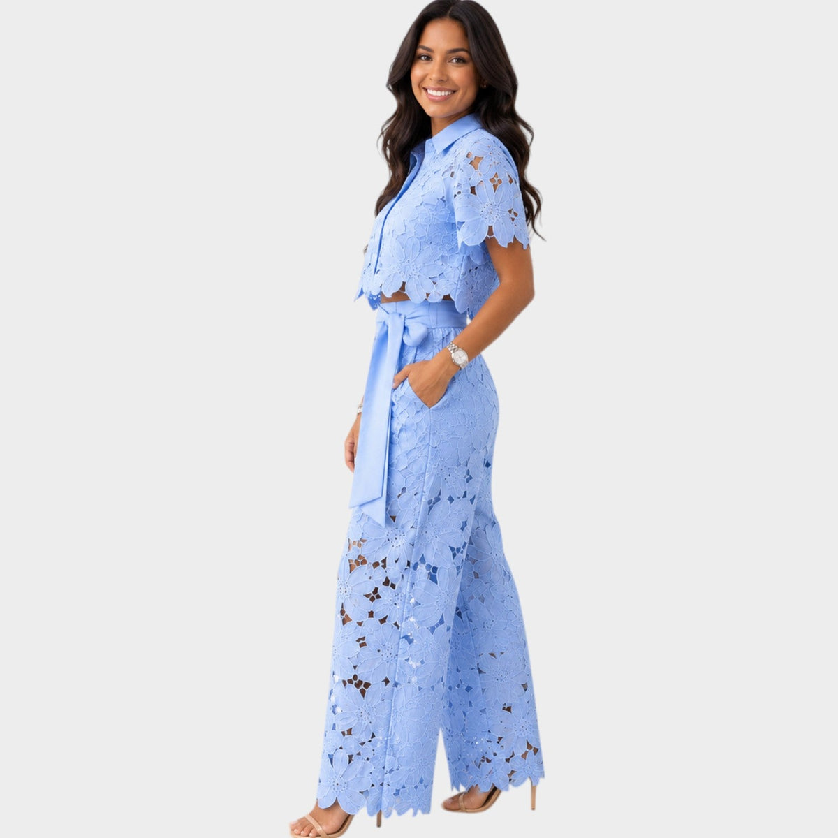Woman wearing a floral lace two piece set with cropped collared shirt and tie-waist wide leg pants - view 6