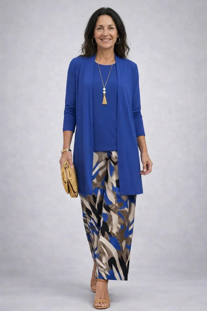 Iris printed duster, top and trouser three-piece set — side view