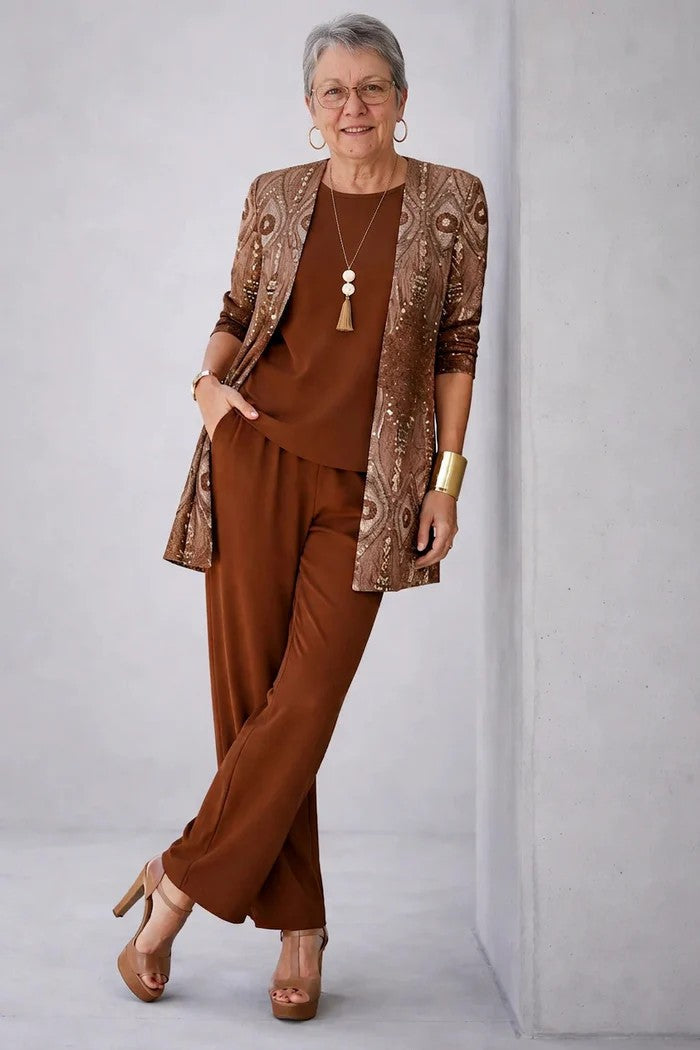 Iris printed duster, top and trouser three-piece set — detail view