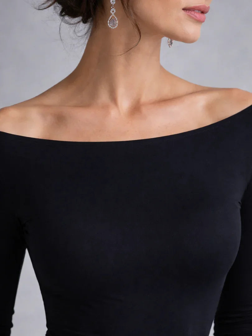 Maris off-shoulder knit-bodice drop-waist maxi dress — styled view