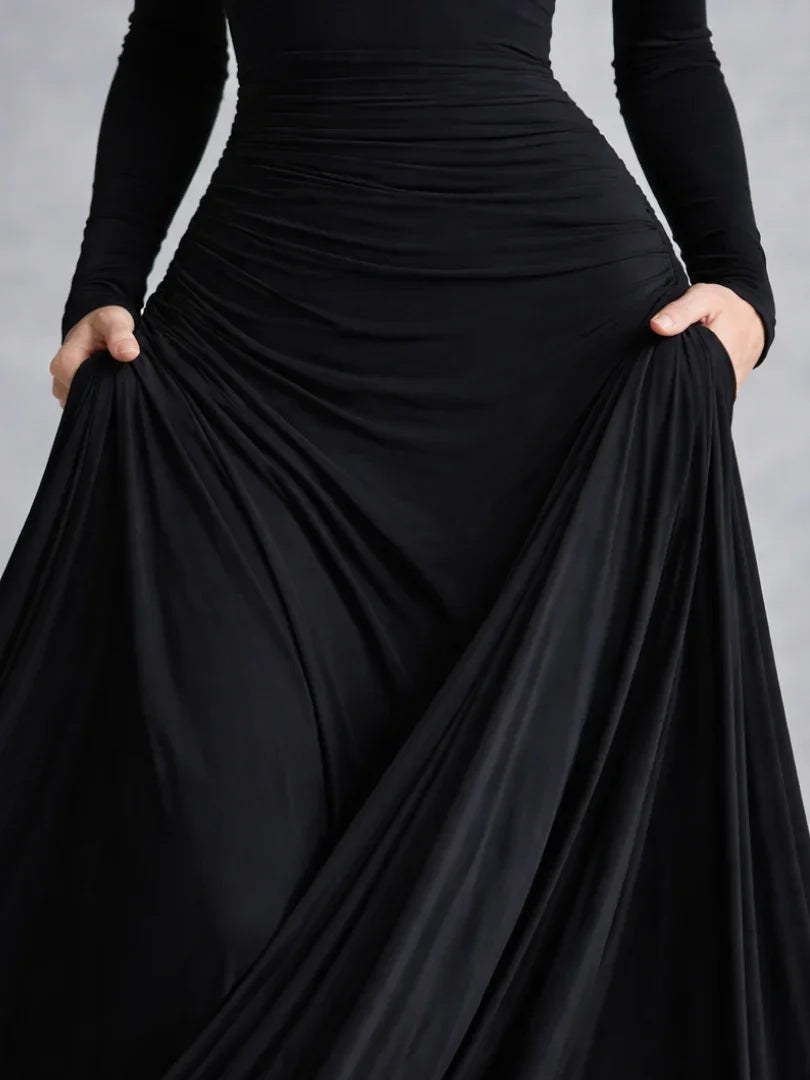 Maris off-shoulder knit-bodice drop-waist maxi dress — full-length view