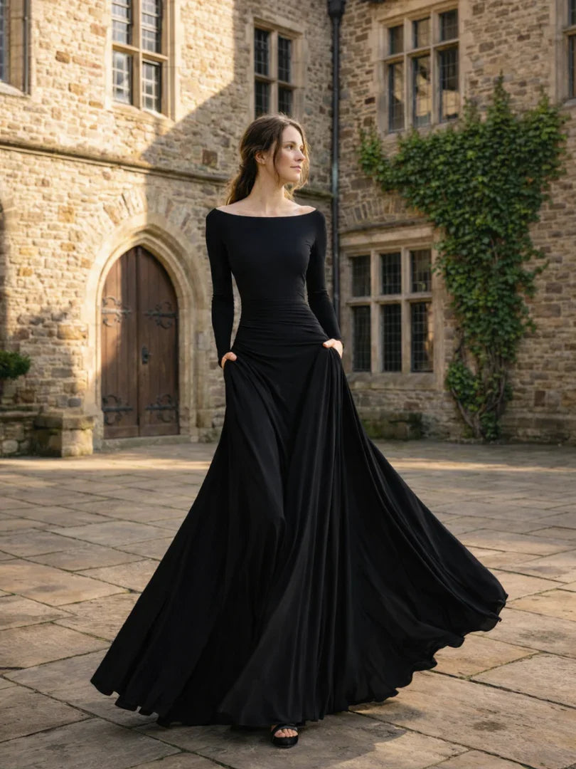 Maris off-shoulder knit-bodice drop-waist maxi dress — detail view