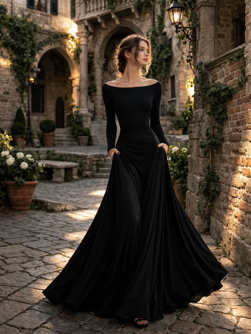 Maris off-shoulder knit-bodice drop-waist maxi dress — front view