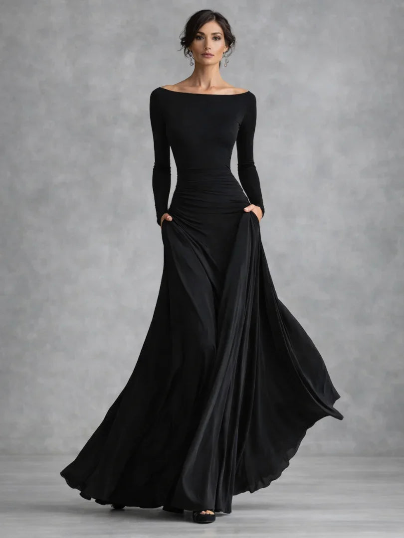 Maris off-shoulder knit-bodice drop-waist maxi dress — front view