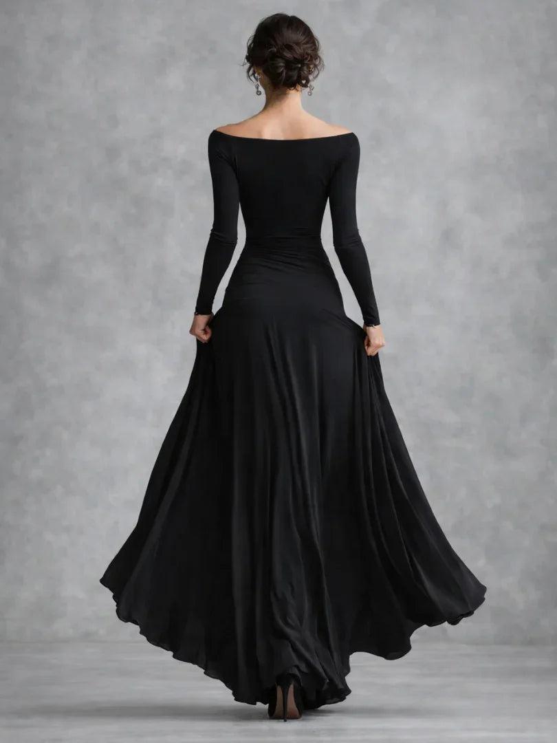 Maris off-shoulder knit-bodice drop-waist maxi dress — side view