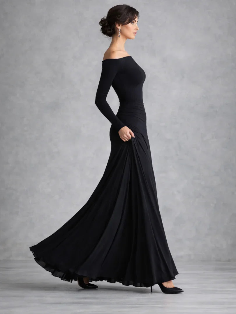 Maris off-shoulder knit-bodice drop-waist maxi dress — back view
