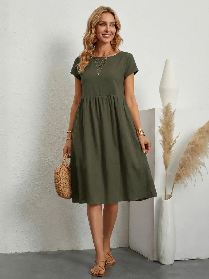 Lillian crew-neck gathered knee-length dress with pockets — back view