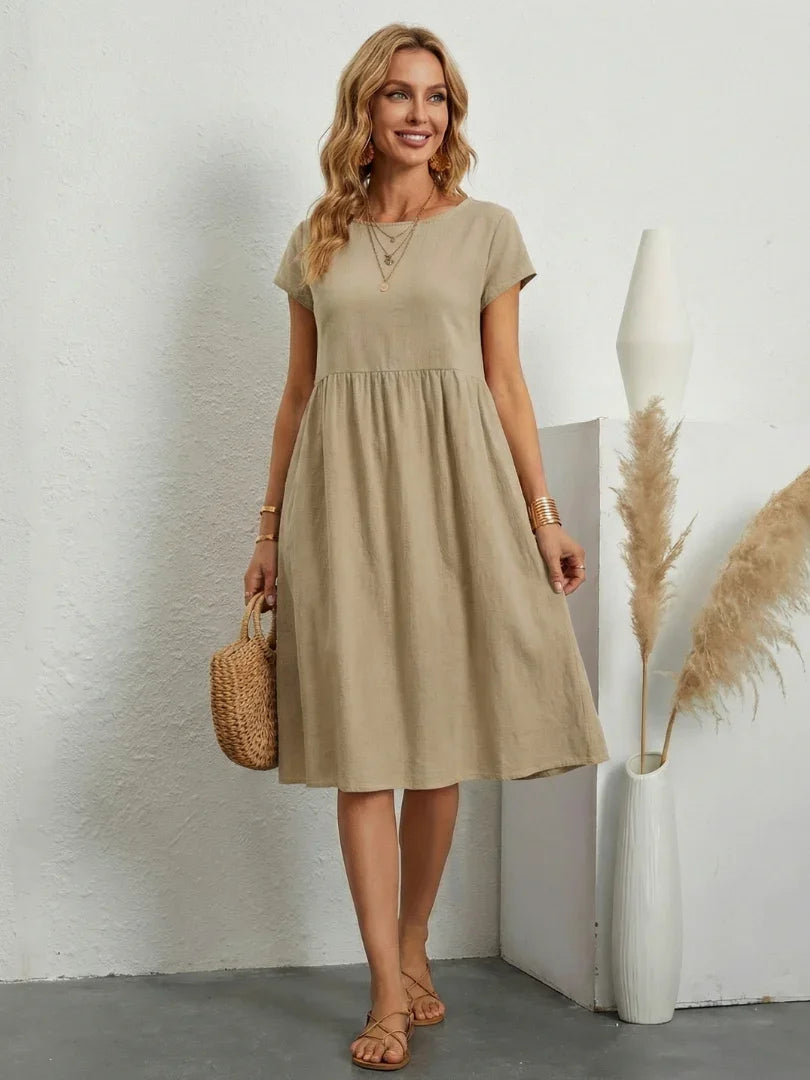 Lillian crew-neck gathered knee-length dress with pockets — side view
