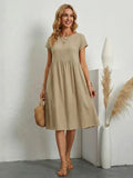 Lillian crew-neck gathered knee-length dress with pockets — side view