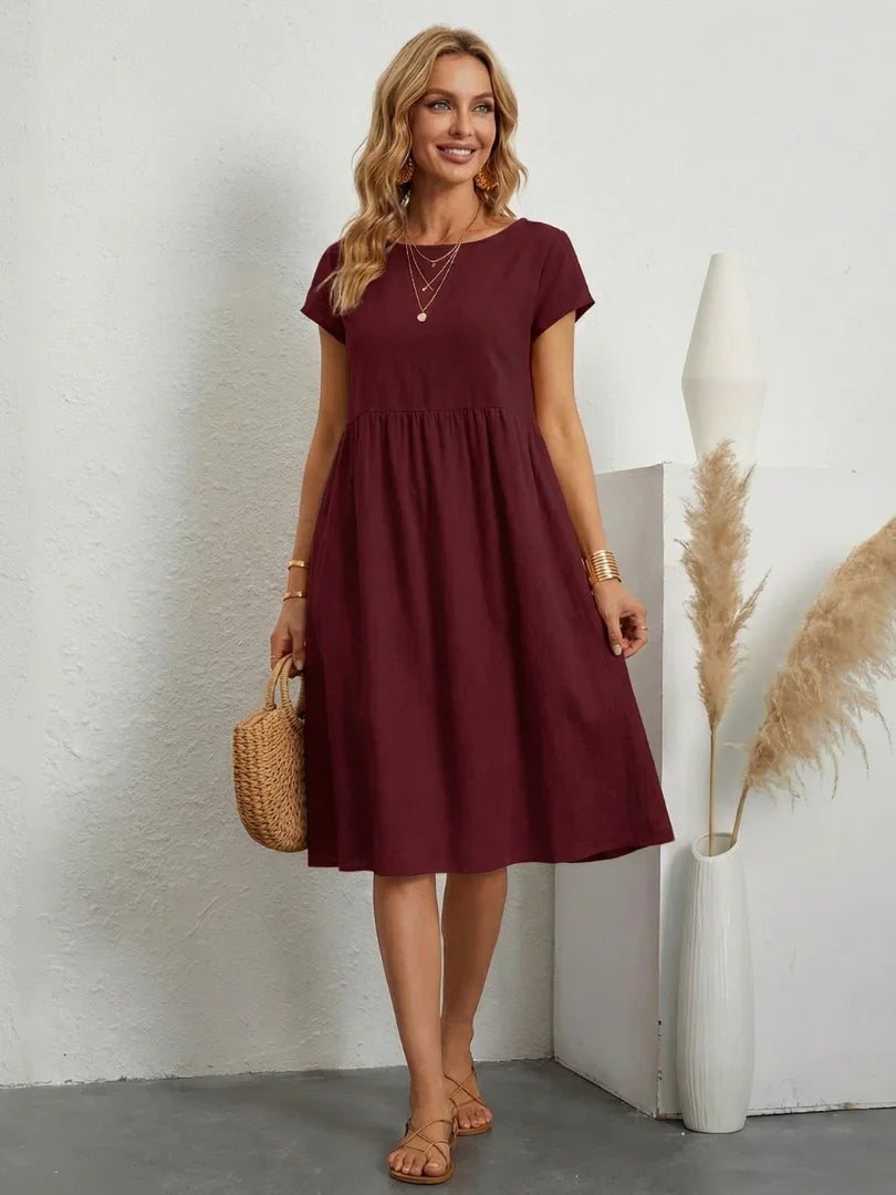 Lillian crew-neck gathered knee-length dress with pockets — detail view