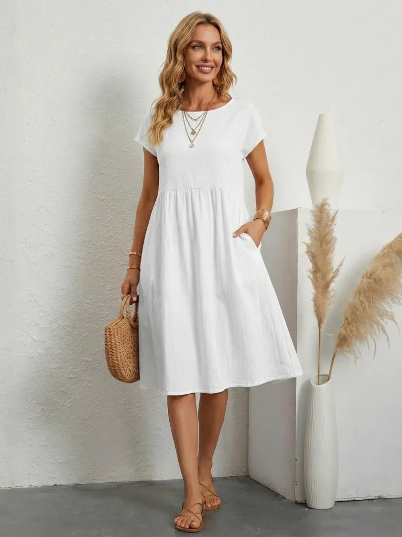 Lillian crew-neck gathered knee-length dress with pockets — full-length view