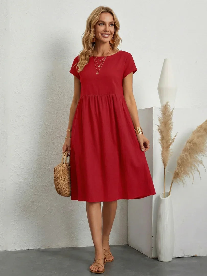 Lillian crew-neck gathered knee-length dress with pockets — front view