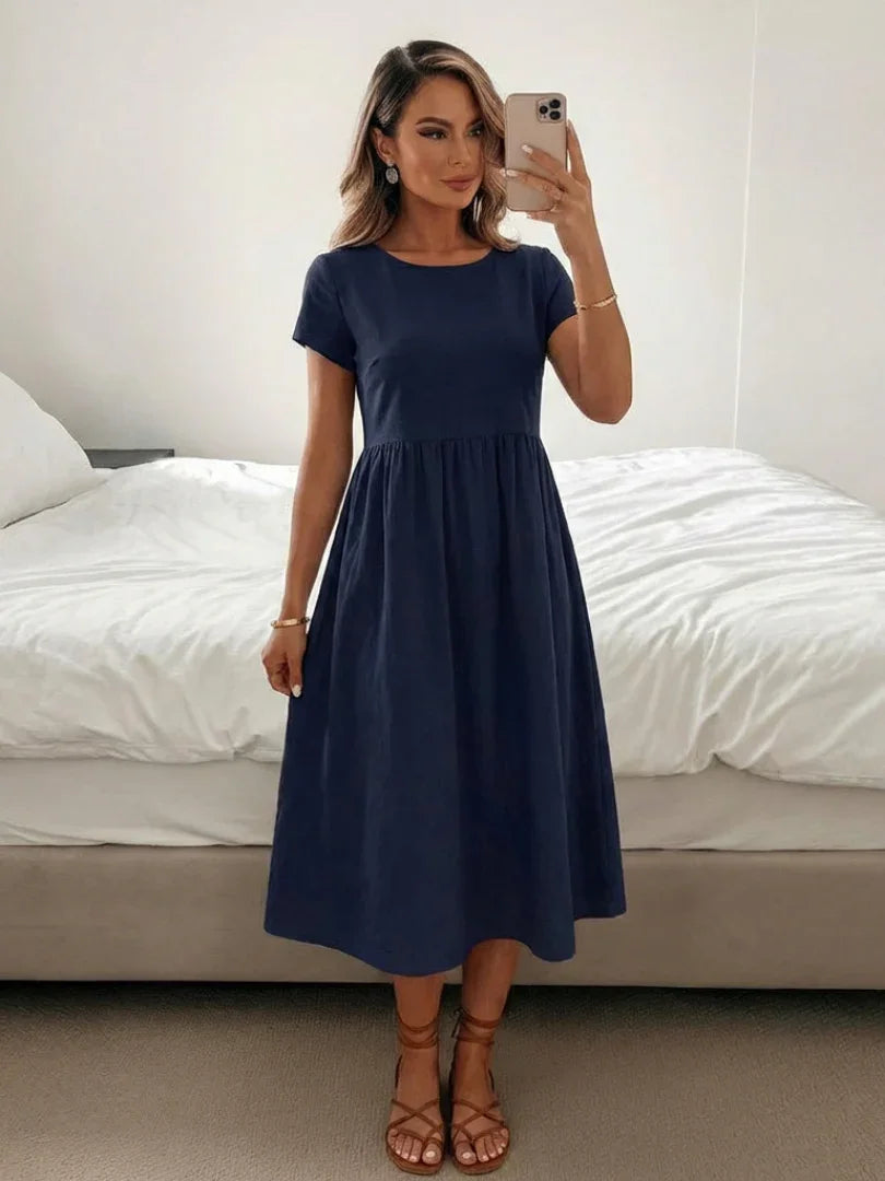 Lillian crew-neck gathered knee-length dress with pockets — detail view