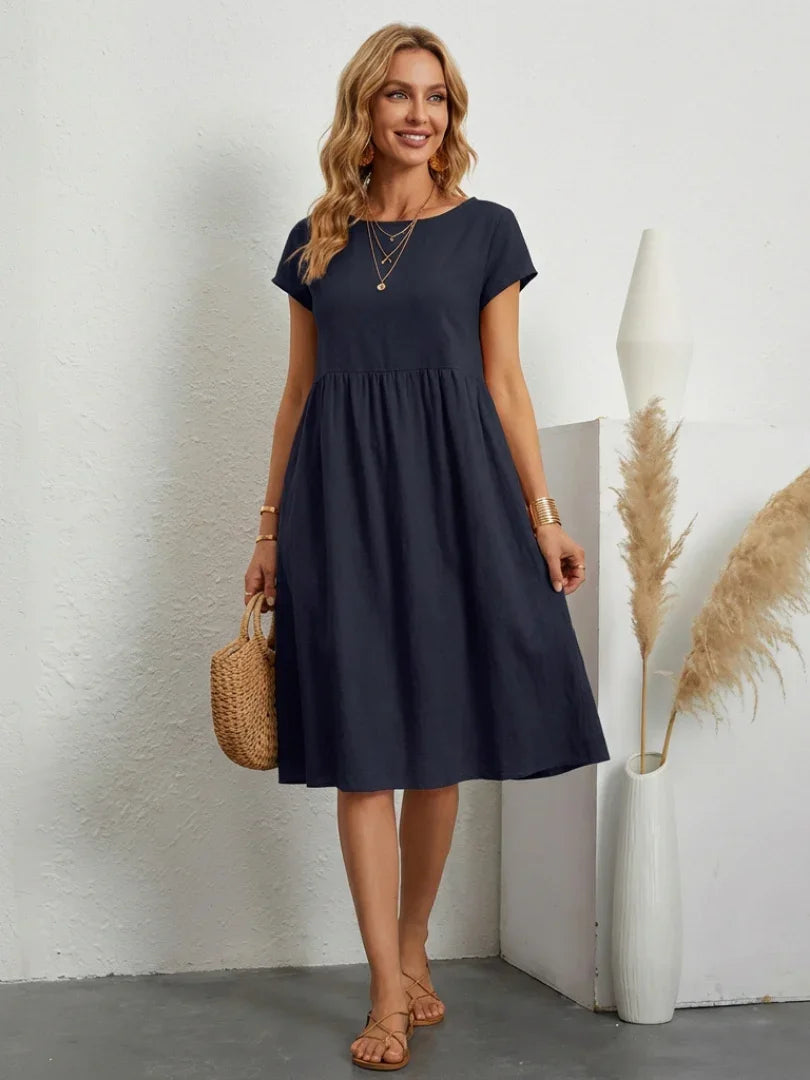 Lillian crew-neck gathered knee-length dress with pockets — front view