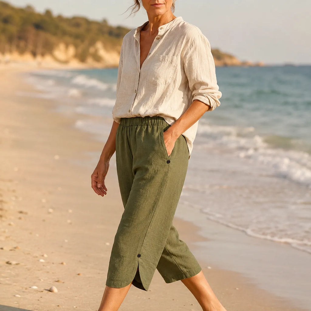 Women's elastic waist capri pants with straight leg and button-trim split hem - view 2