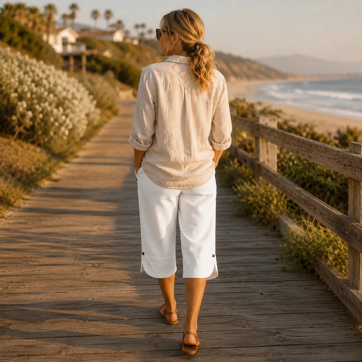 Women's elastic waist capri pants with straight leg and button-trim split hem - view 3