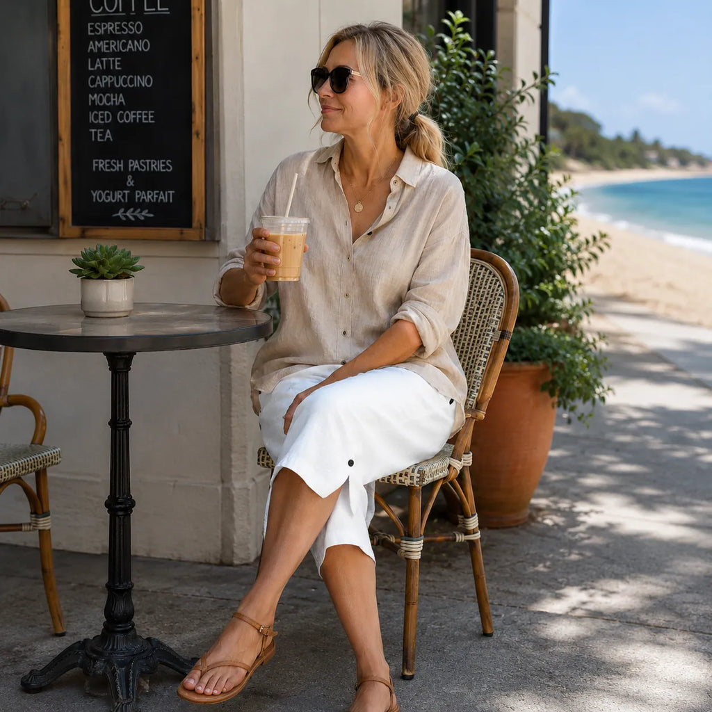 Women's elastic waist capri pants with straight leg and button-trim split hem - view 5