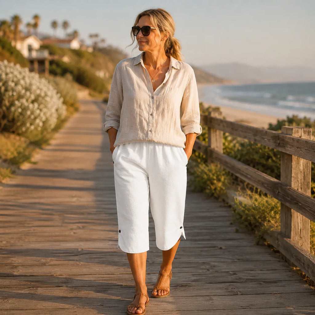 Women's elastic waist capri pants with straight leg and button-trim split hem - view 6
