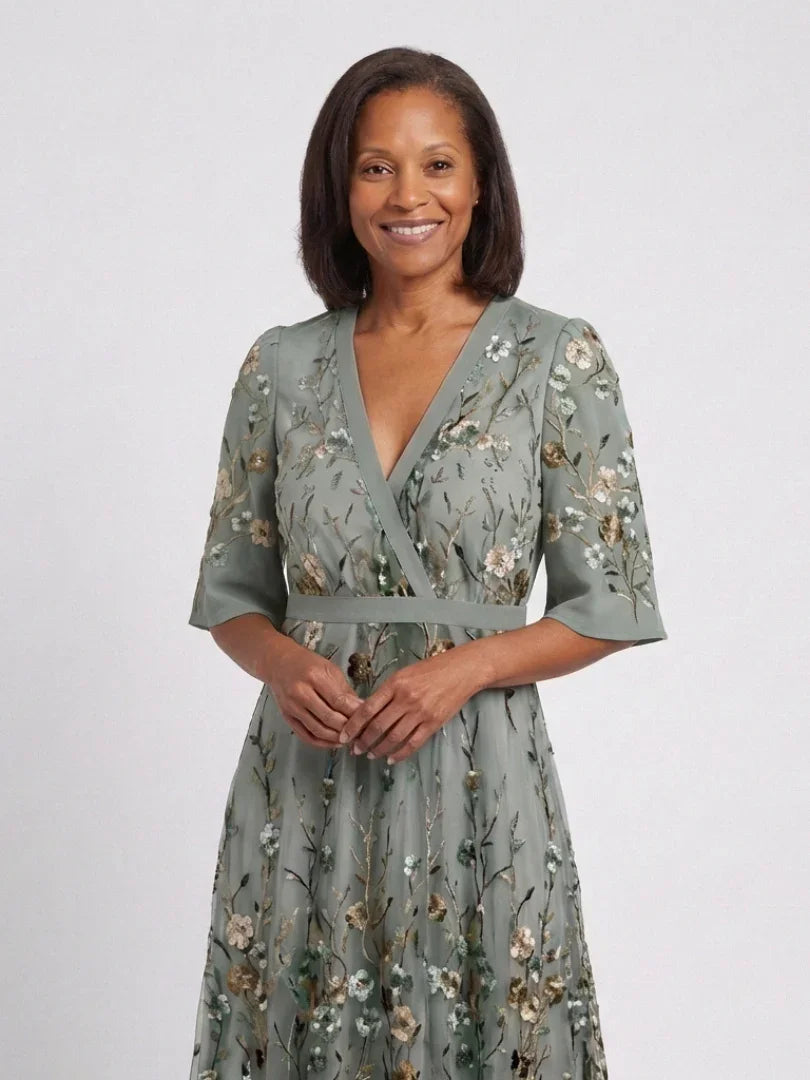 Evadne embroidered v-neck tiered maxi dress — full-length view