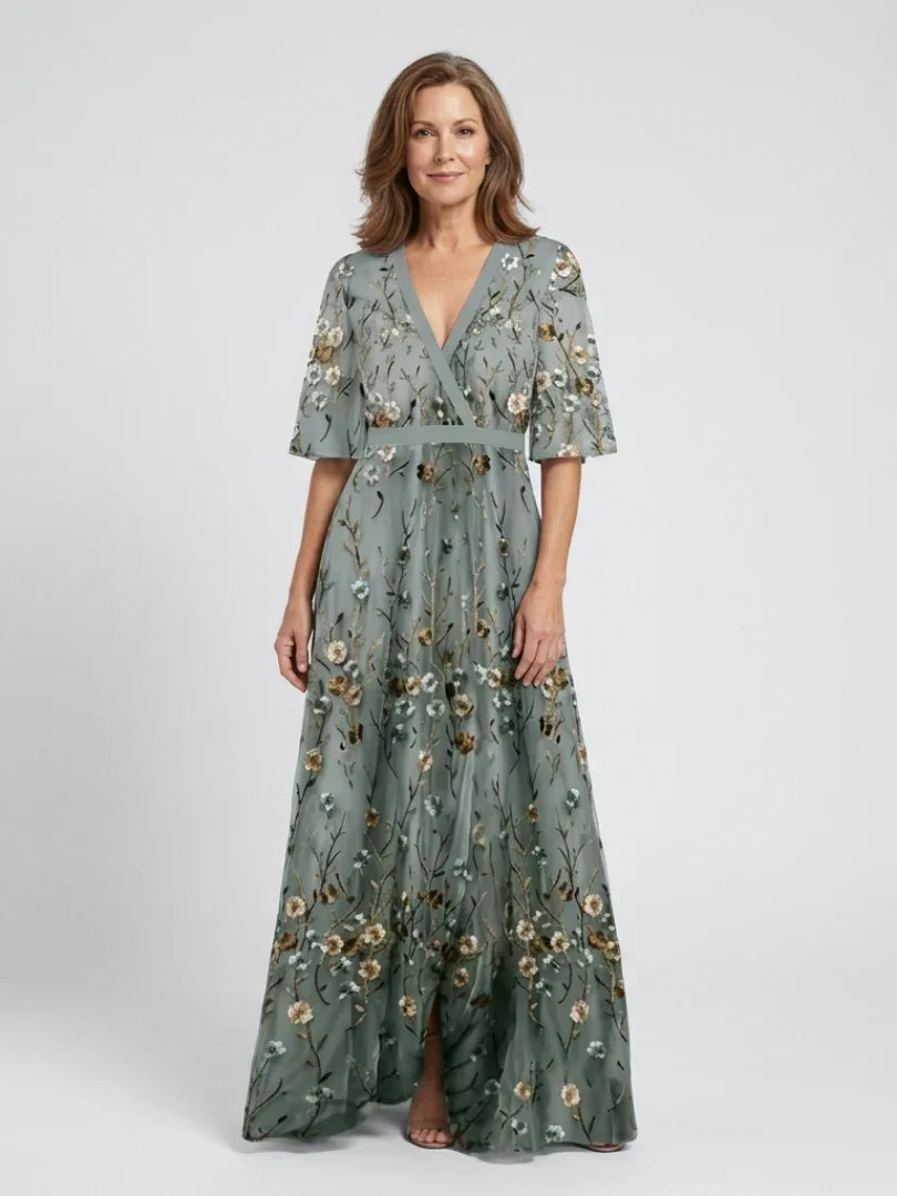 Evadne embroidered v-neck tiered maxi dress — front view