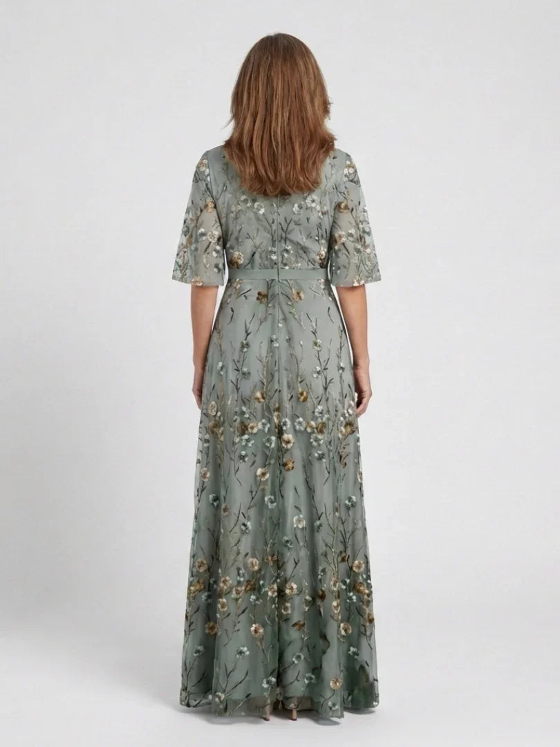 Evadne embroidered v-neck tiered maxi dress — back view