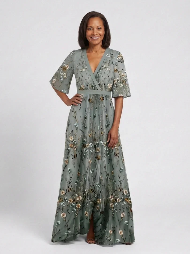 Evadne embroidered v-neck tiered maxi dress — styled view