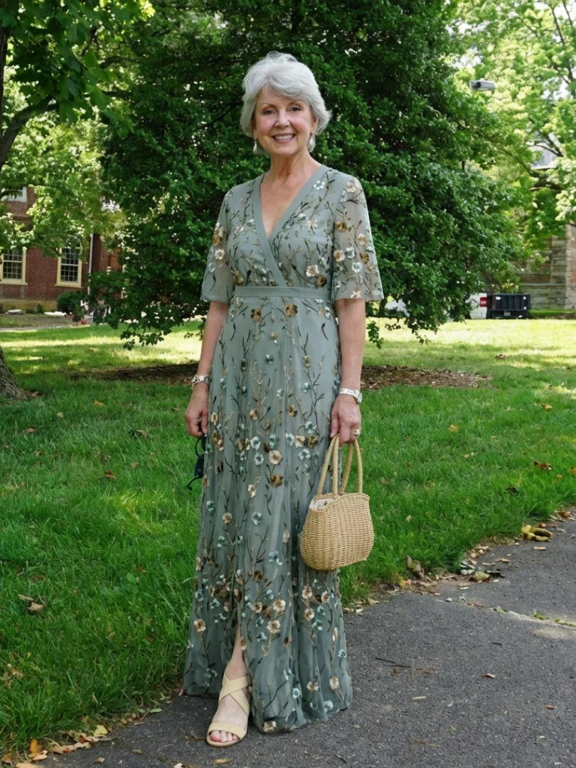Evadne embroidered v-neck tiered maxi dress — front view