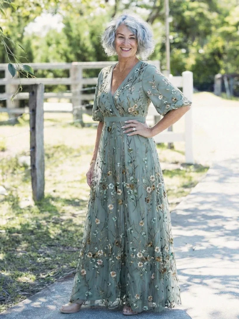 Evadne embroidered v-neck tiered maxi dress — back view
