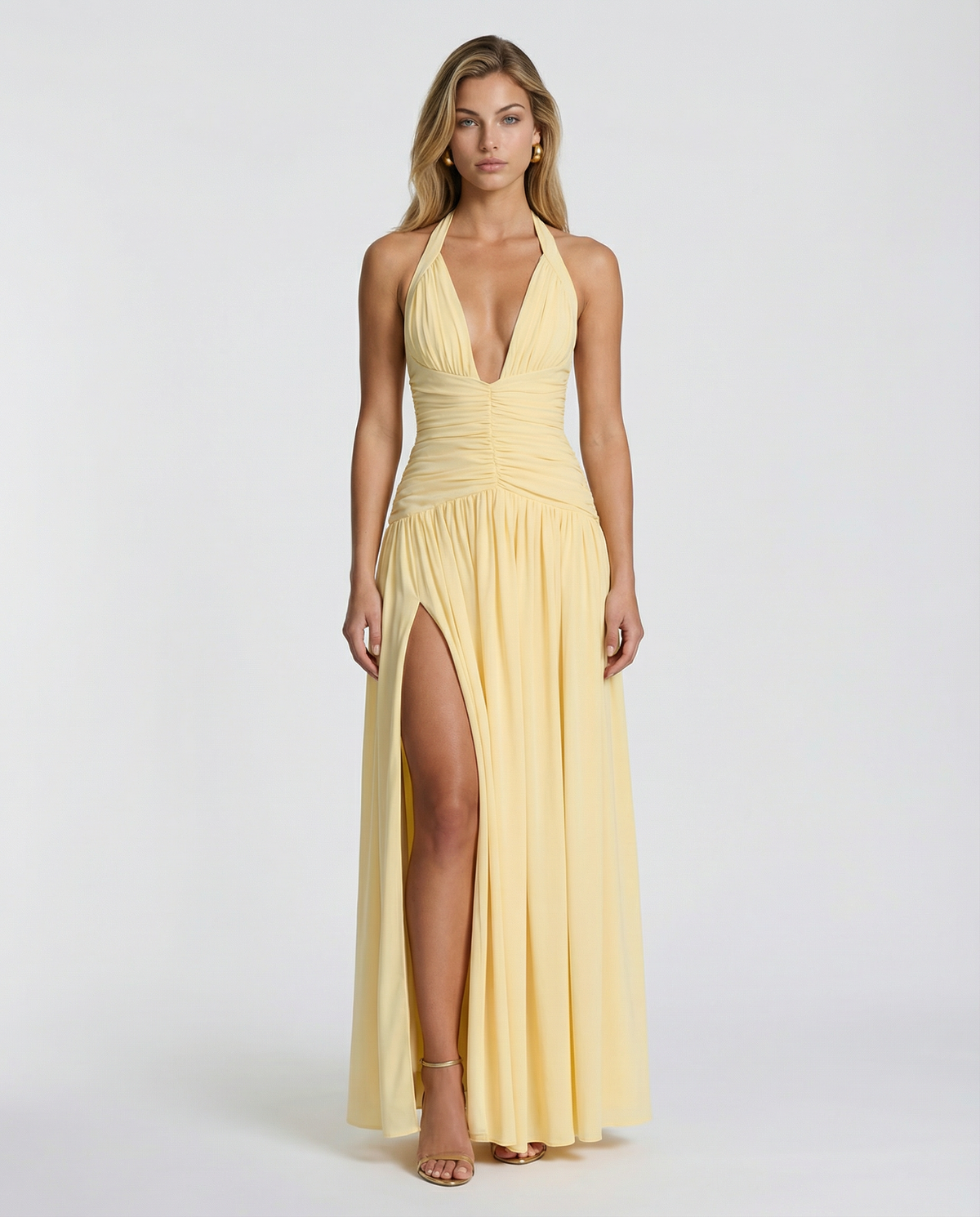 Halter maxi dress with ruched corset bodice, plunging V-neckline and thigh split
