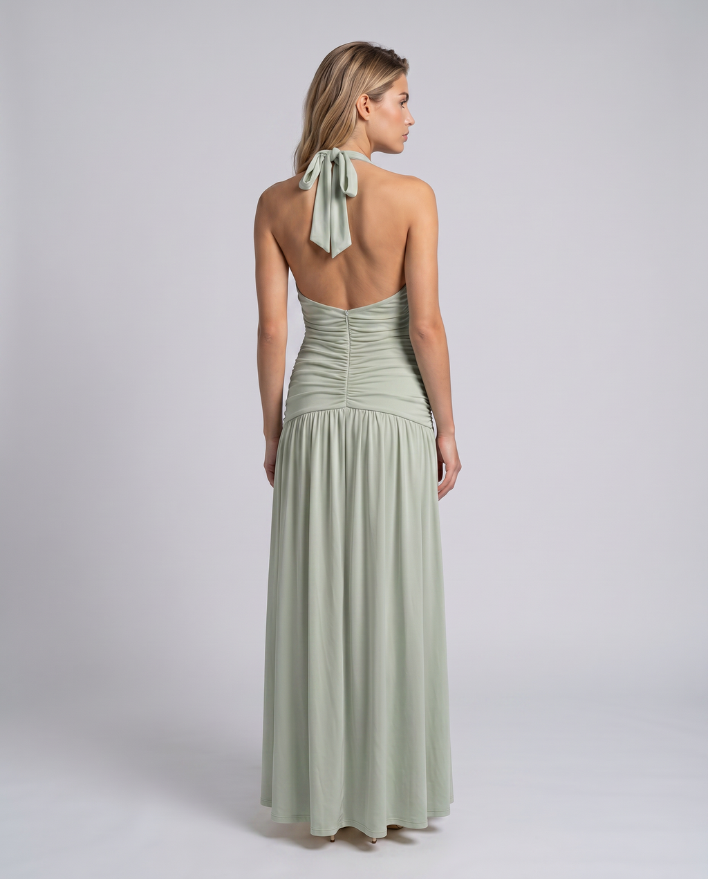 Halter maxi dress with ruched corset bodice, plunging V-neckline and thigh split - view 11