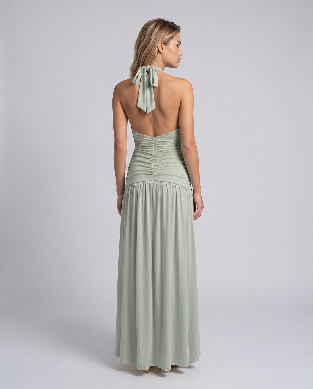Halter maxi dress with ruched corset bodice, plunging V-neckline and thigh split - view 11