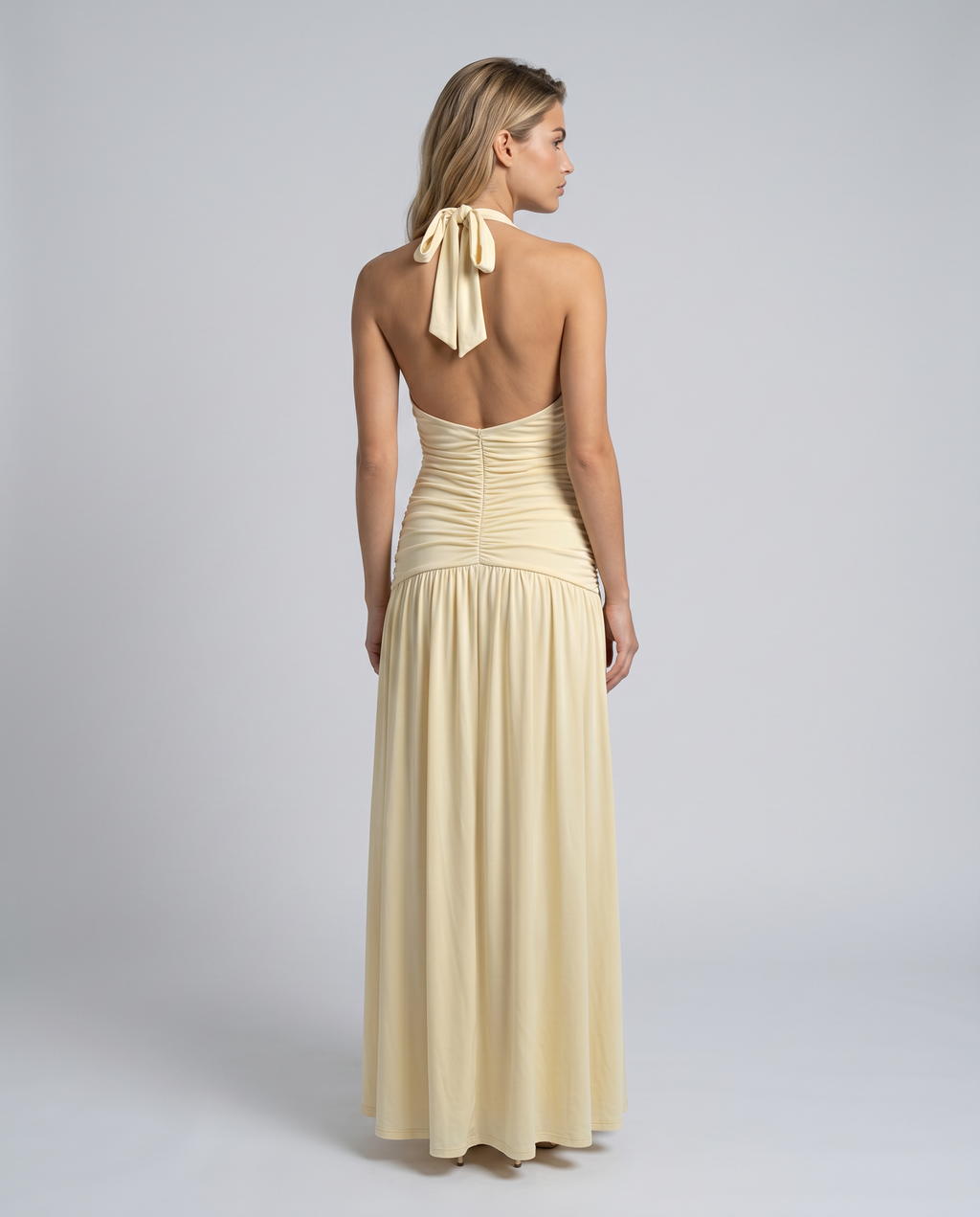 Halter maxi dress with ruched corset bodice, plunging V-neckline and thigh split - view 2