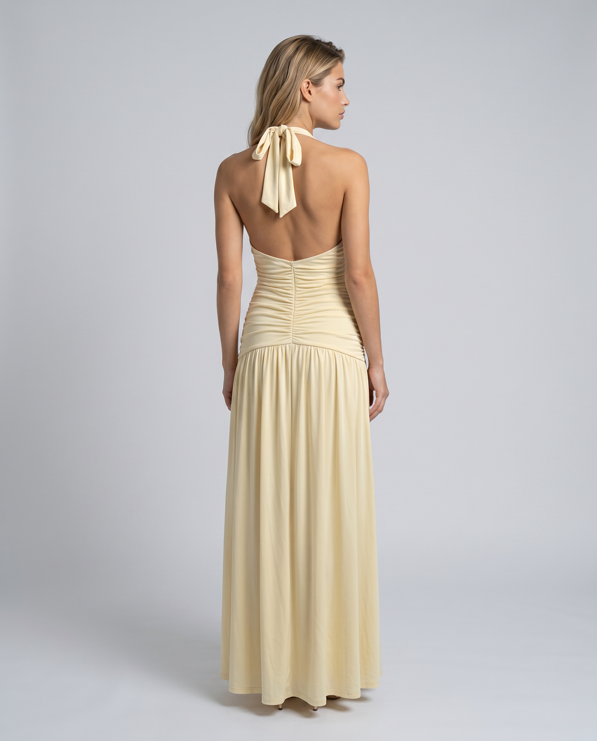 Halter maxi dress with ruched corset bodice, plunging V-neckline and thigh split - view 2