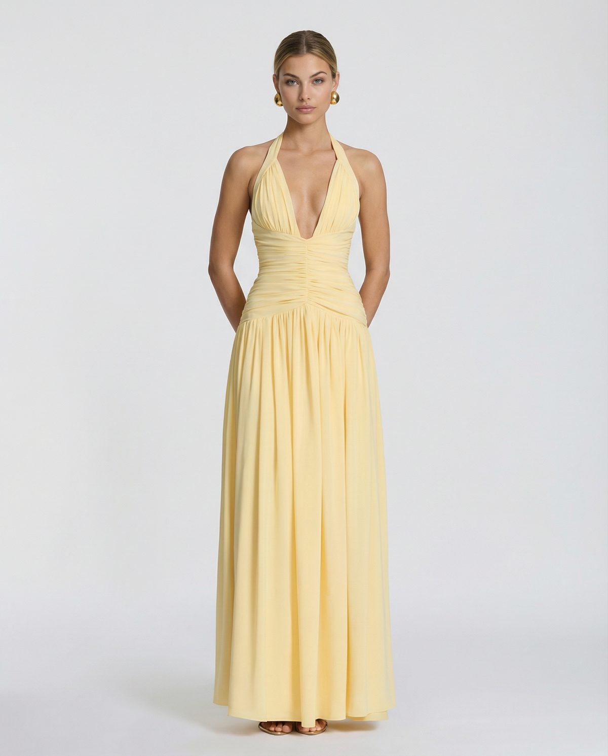 Halter maxi dress with ruched corset bodice, plunging V-neckline and thigh split - view 4