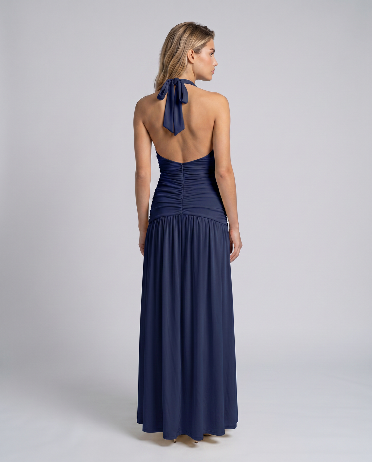 Halter maxi dress with ruched corset bodice, plunging V-neckline and thigh split - view 6