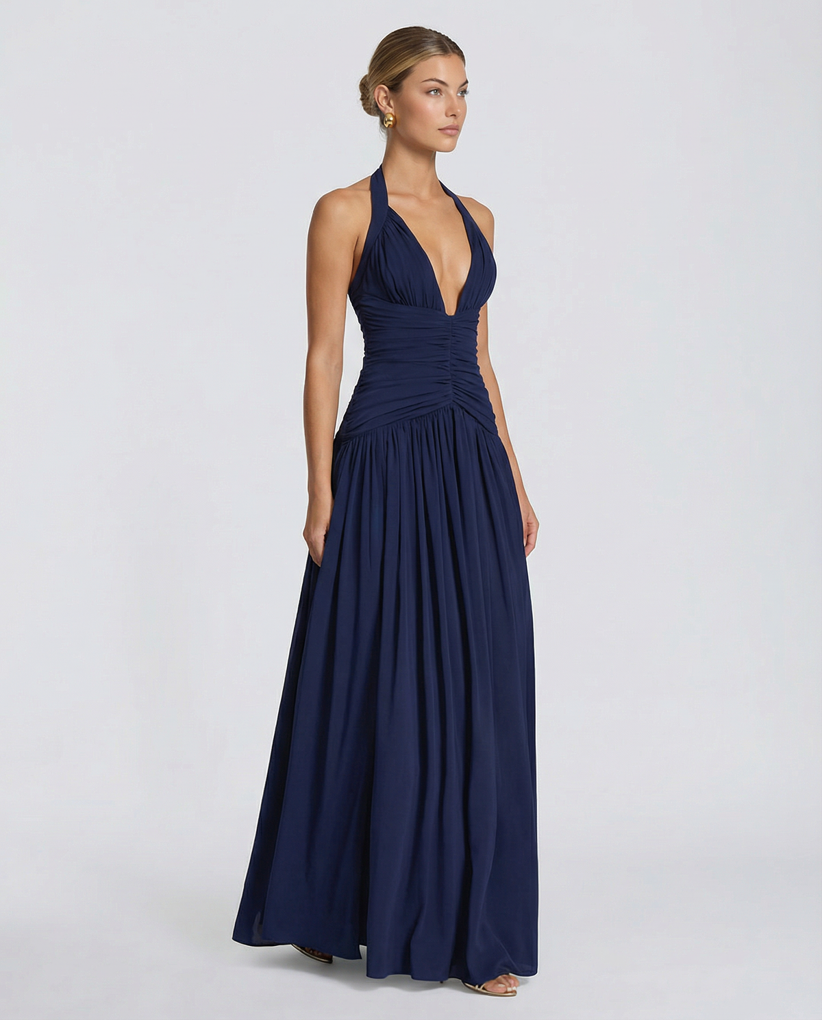 Halter maxi dress with ruched corset bodice, plunging V-neckline and thigh split - view 7