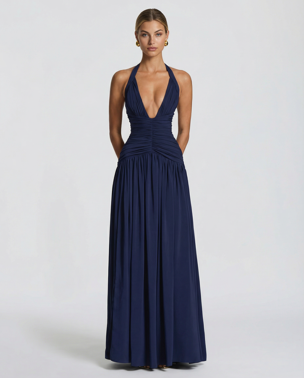 Halter maxi dress with ruched corset bodice, plunging V-neckline and thigh split - view 8