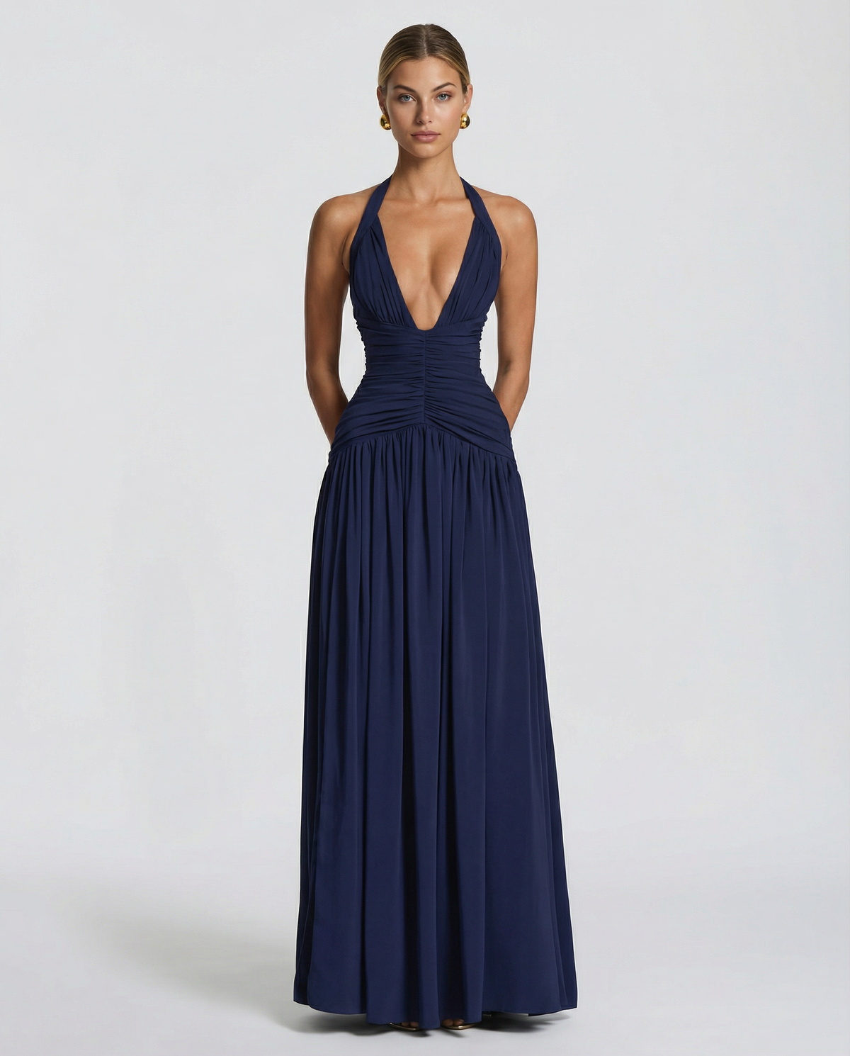 Halter maxi dress with ruched corset bodice, plunging V-neckline and thigh split - view 8