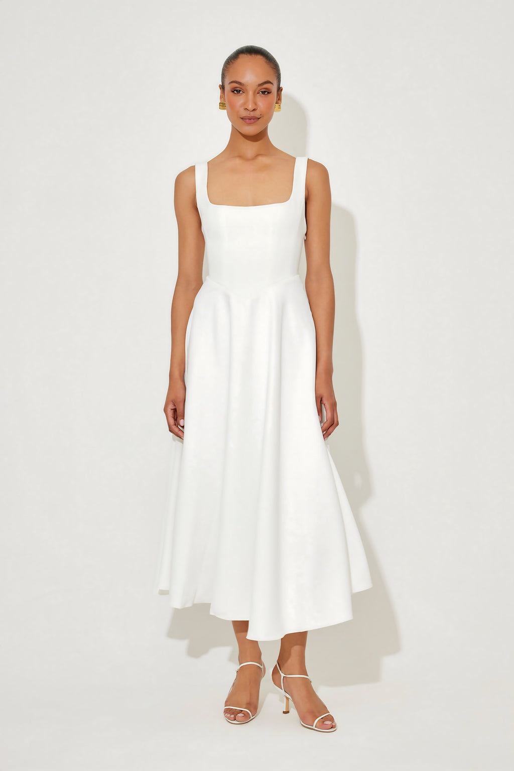 Square neck A-line cocktail dress with seamed bodice and full midi skirt