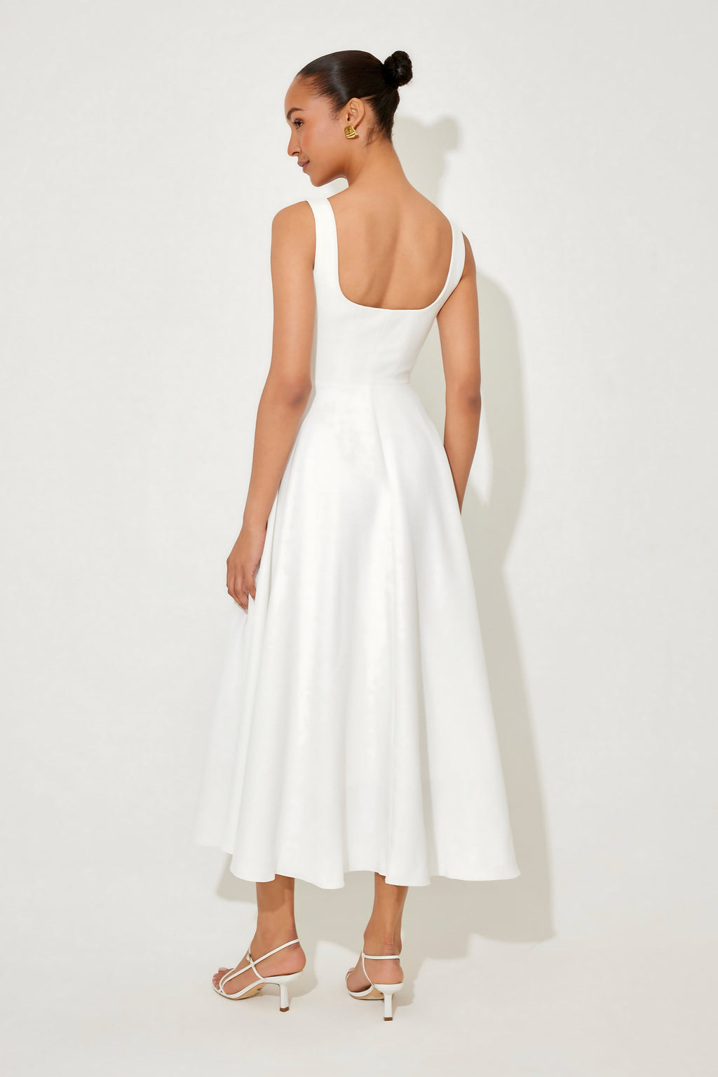 Square neck A-line cocktail dress with seamed bodice and full midi skirt - view 10