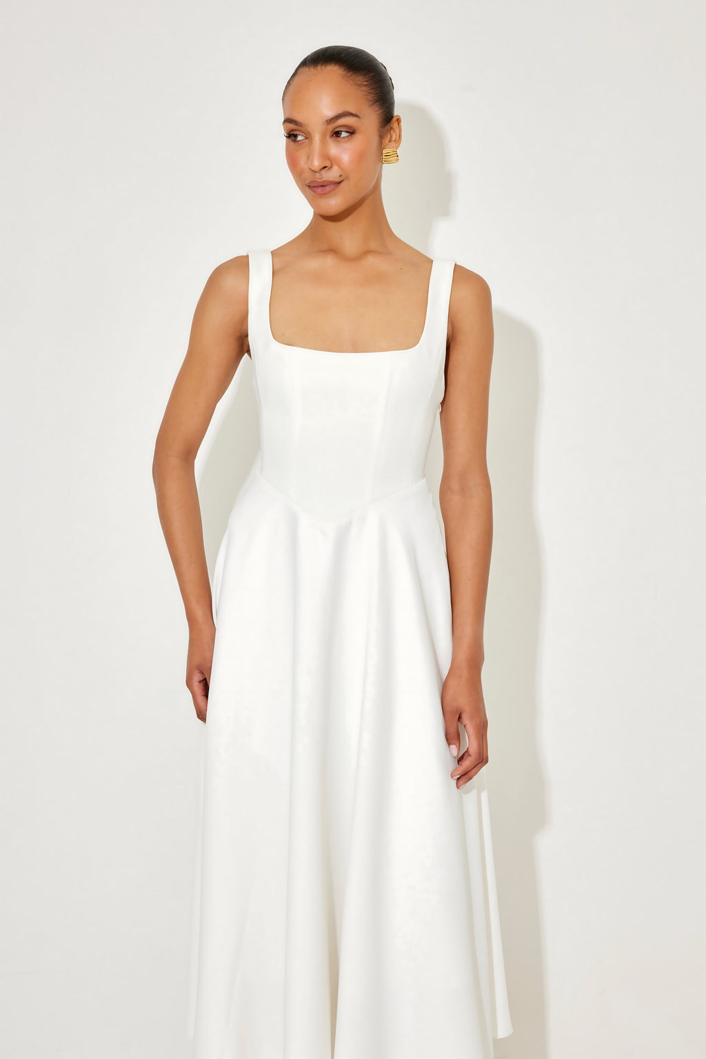 Square neck A-line cocktail dress with seamed bodice and full midi skirt - view 11