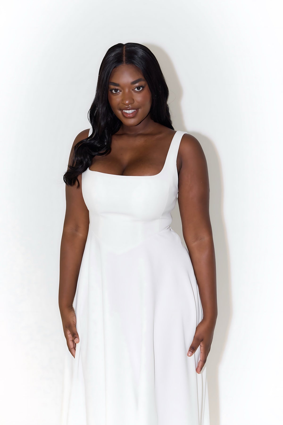 Square neck A-line cocktail dress with seamed bodice and full midi skirt - view 12