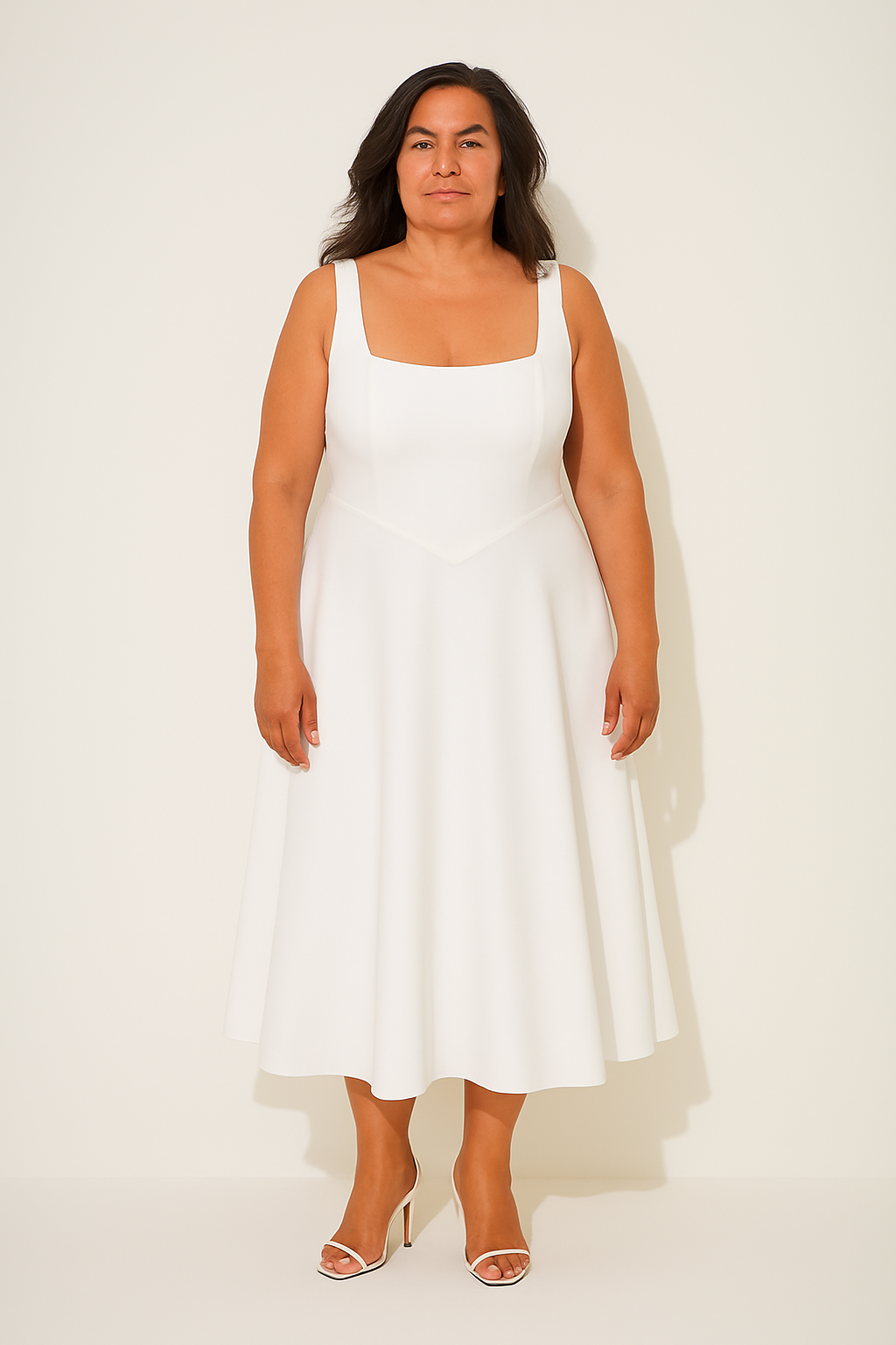 Square neck A-line cocktail dress with seamed bodice and full midi skirt - view 14