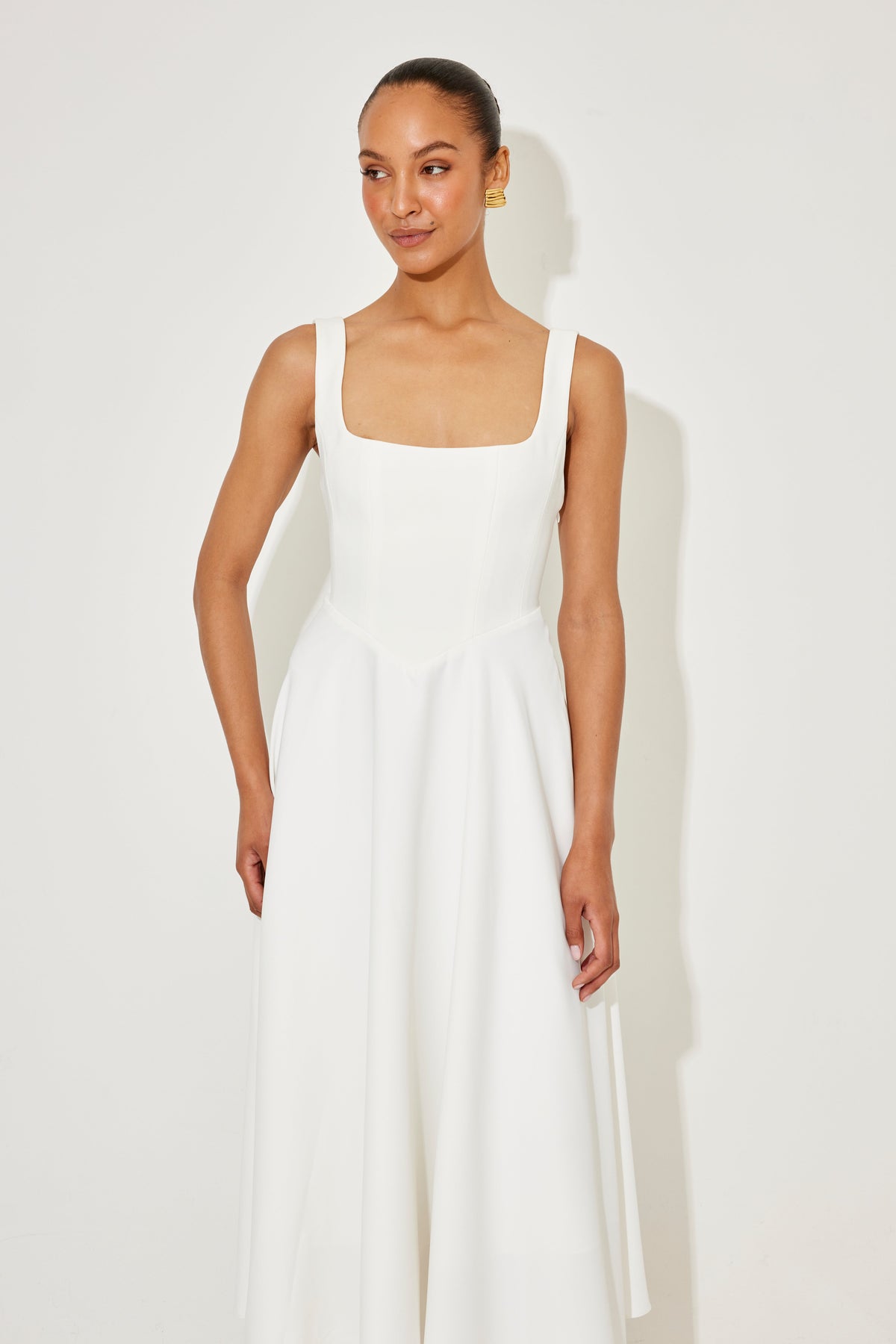 Square neck A-line cocktail dress with seamed bodice and full midi skirt - view 19