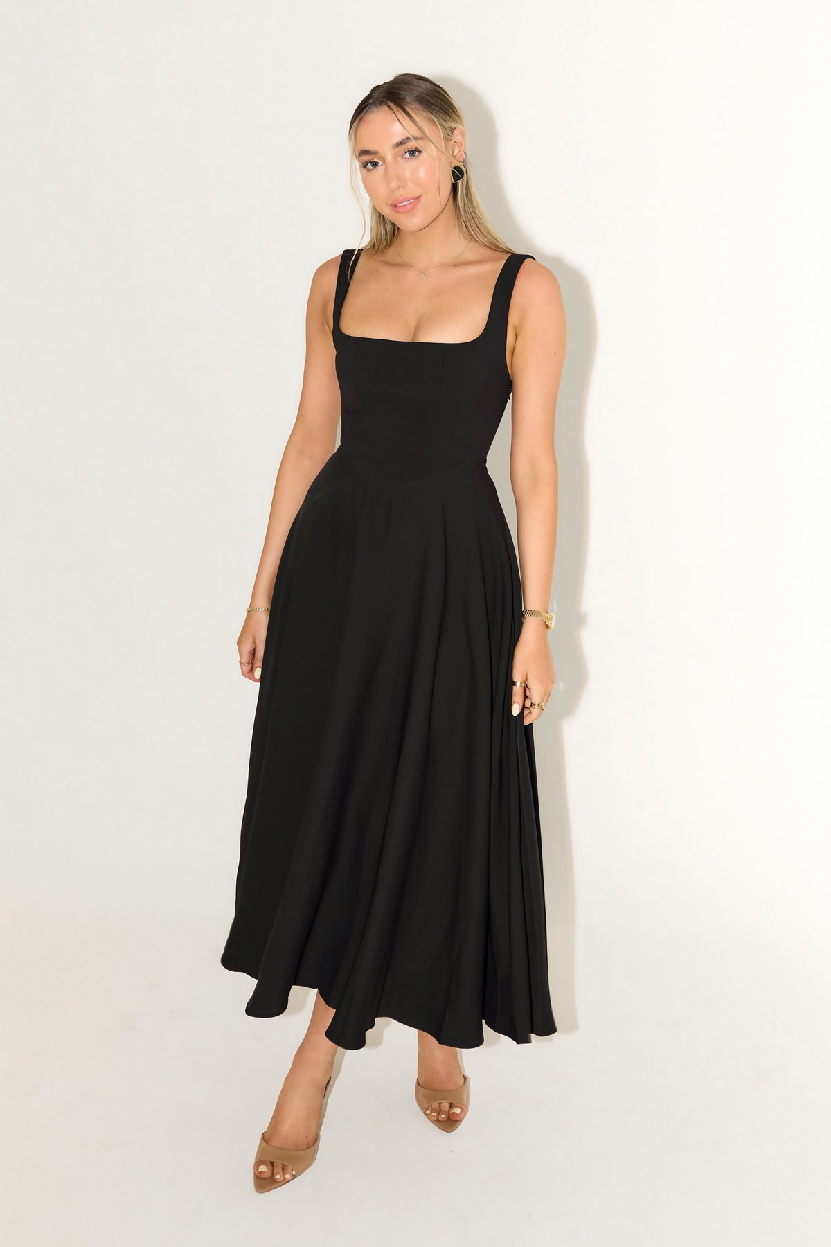 Square neck A-line cocktail dress with seamed bodice and full midi skirt - view 2