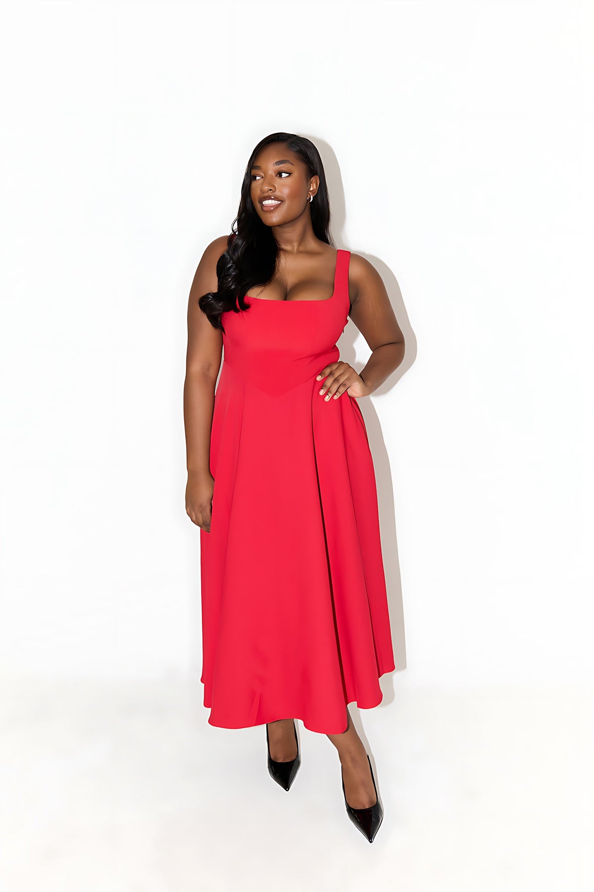 Square neck A-line cocktail dress with seamed bodice and full midi skirt - view 20
