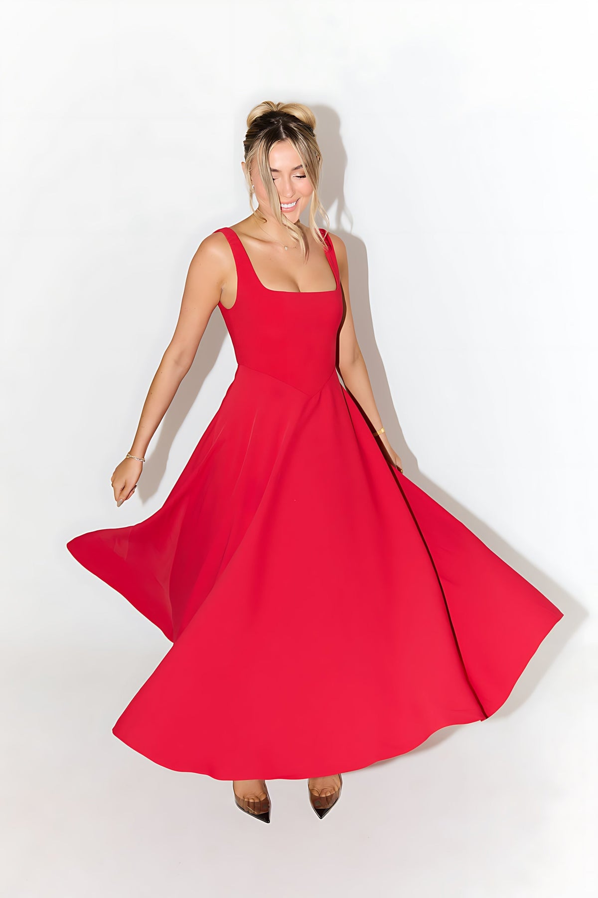 Square neck A-line cocktail dress with seamed bodice and full midi skirt - view 22