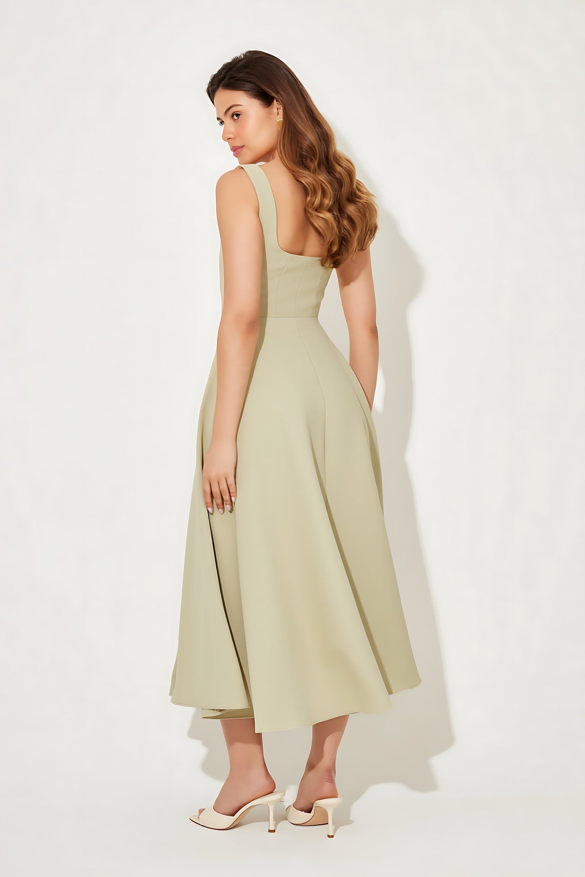 Square neck A-line cocktail dress with seamed bodice and full midi skirt - view 24